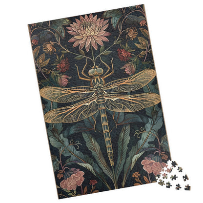 william morris style dragonfly floral jigsaw puzzle on dark botanical background, vintage dragonfly art jigsaw puzzle with flowers and leaves, cottagecore dragonfly puzzle with botanical illustration