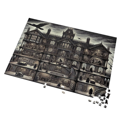 Edgar Allan Poe Haunted Mansion Puzzle Gothic Macabre Jigsaw for Adults, Spooky Raven Art Gift