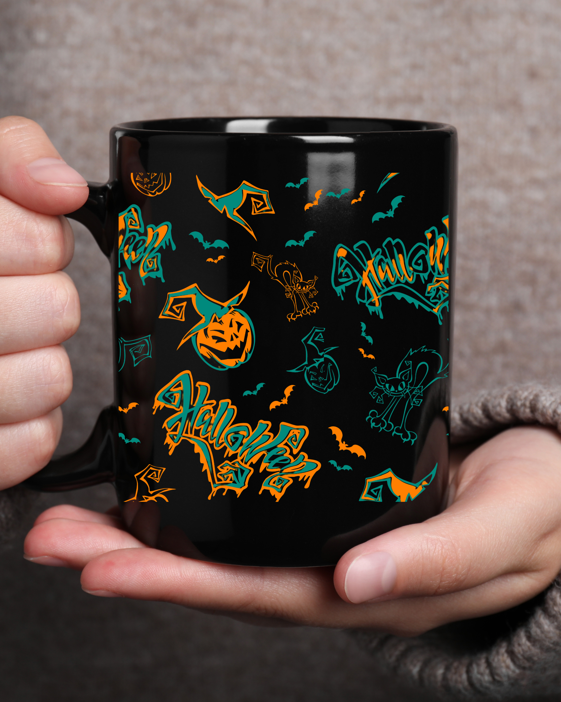 glossy black ceramic mug spooky season print,
