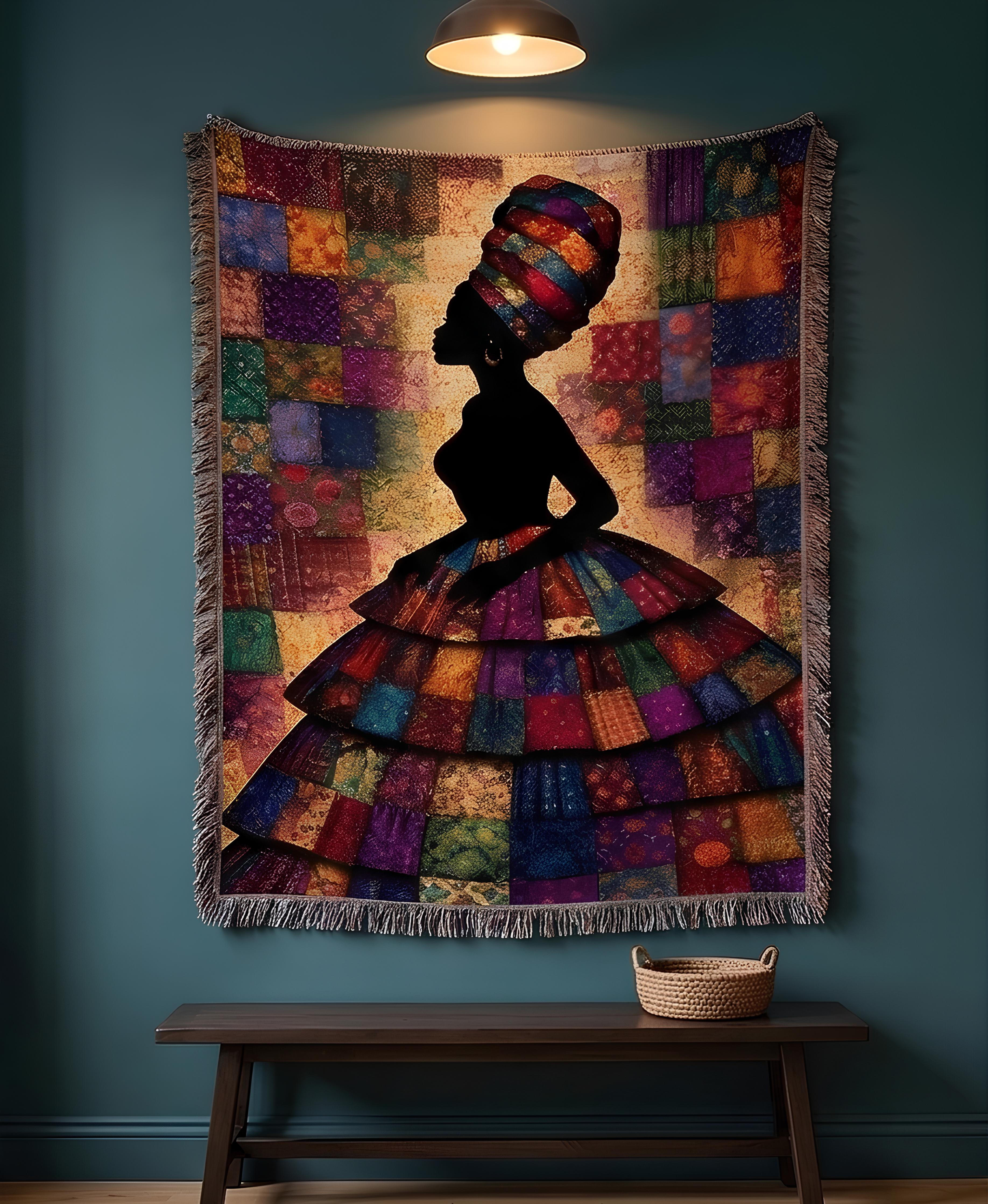 bold colorful woven textile art, empowering feminine silhouette blanket, handcrafted look woven cotton throw
