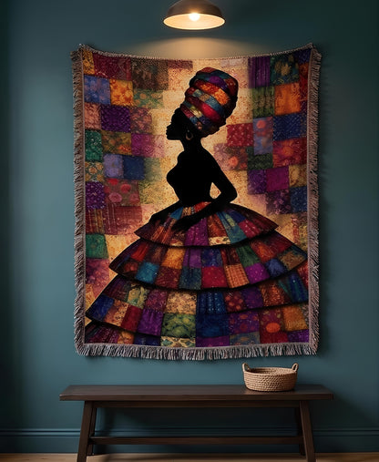 bold colorful woven textile art, empowering feminine silhouette blanket, handcrafted look woven cotton throw