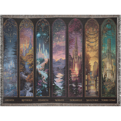 scenic tapestry blanket for book lovers, cozy reading nook fantasy blanket, woven cotton fantasy city throw blanket