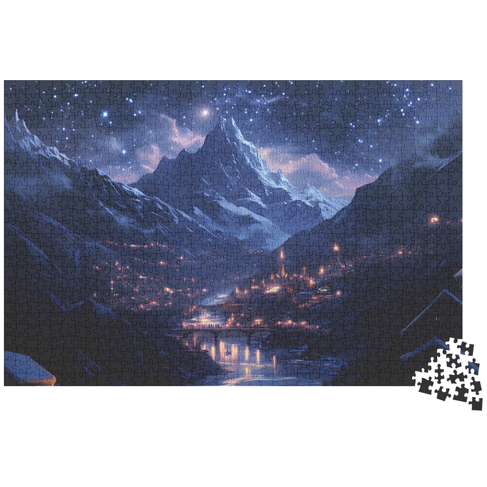 Starry Mountain Village Jigsaw Puzzle – Scenic Night Sky Landscape Puzzle for Adults & Gifts