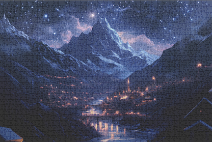 Starry Mountain Village Jigsaw Puzzle – Scenic Night Sky Landscape Puzzle for Adults & Gifts