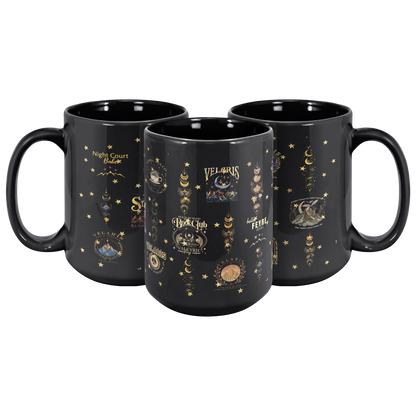 black celestial cup with moon phases, durable ceramic mug for readers, fantasy-themed coffee cup gift, celestial stars mug for cozy mornings