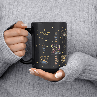 glossy black mug with fantasy art, book lover drinkware for tea or cocoa, small business mug gift for readers, fantasy coffee cup for cozy reading nook