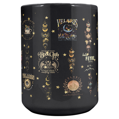 glossy black mug with moon and star design, elegant reader mug with gold artwork, cozy tea mug for book club nights, fantasy drinkware for readers and writers