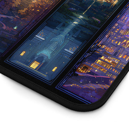 cozy book lover desk setup with Velaris mat, fantasy realms desk pad with glowing lights and mountains, ACOTAR fan gift featuring City of Starlight artwork