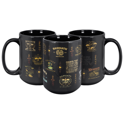 Basgiath War College mug with dragon art, glossy black fantasy mug with gold lettering, bookish mug for romantasy fans,