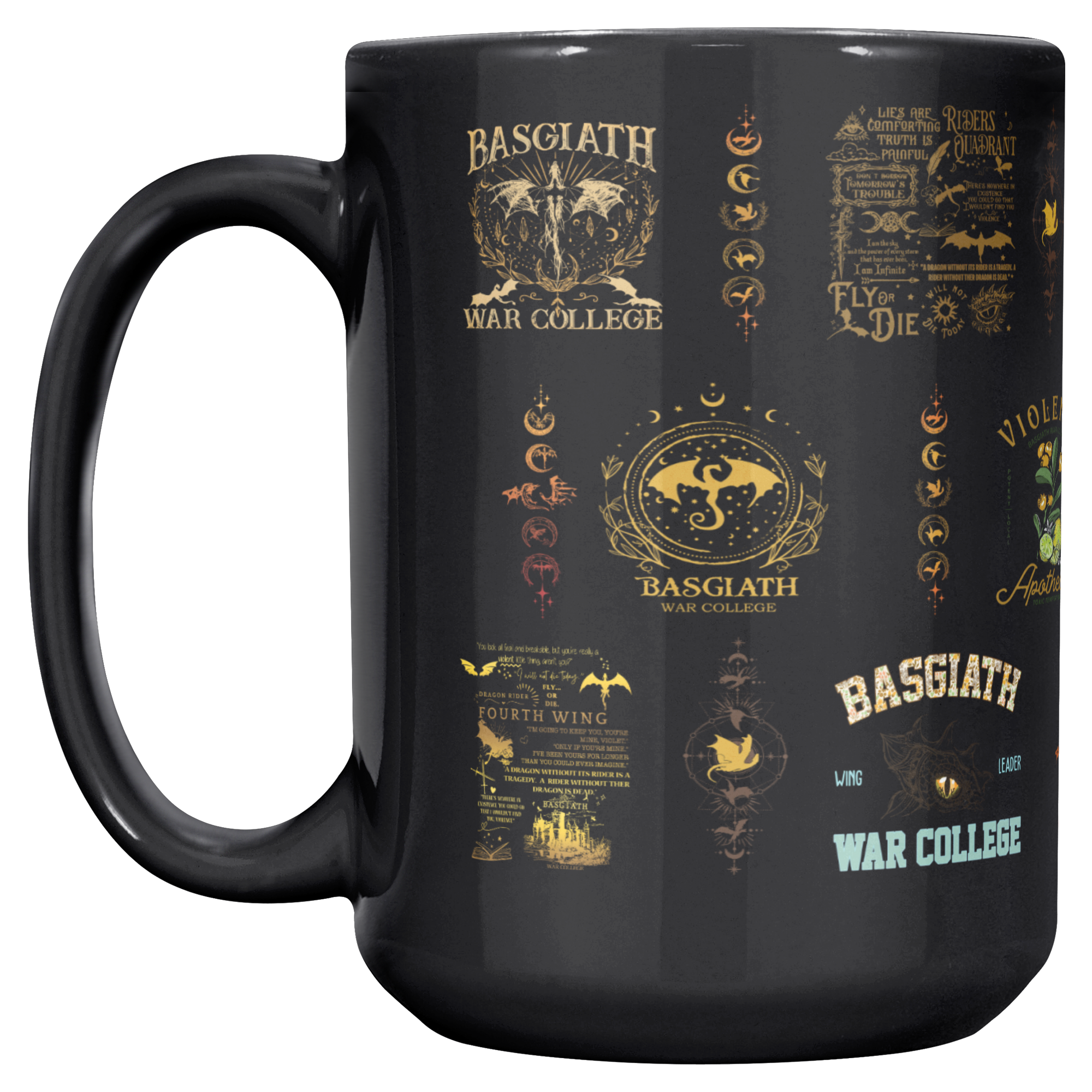 magical black ceramic cup with gold accents, Basgiath War College fan mug for readers, romantasy fandom drinkware under 30 dollars, cozy book nook coffee mug aesthetic