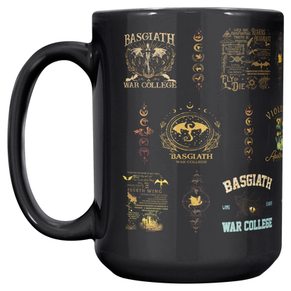 magical black ceramic cup with gold accents, Basgiath War College fan mug for readers, romantasy fandom drinkware under 30 dollars, cozy book nook coffee mug aesthetic