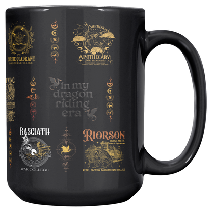 romantasy coffee mug for book lovers, Basgiath War College black mug gift, fantasy reader mug with gold design, cozy reading coffee cup for romantasy fans