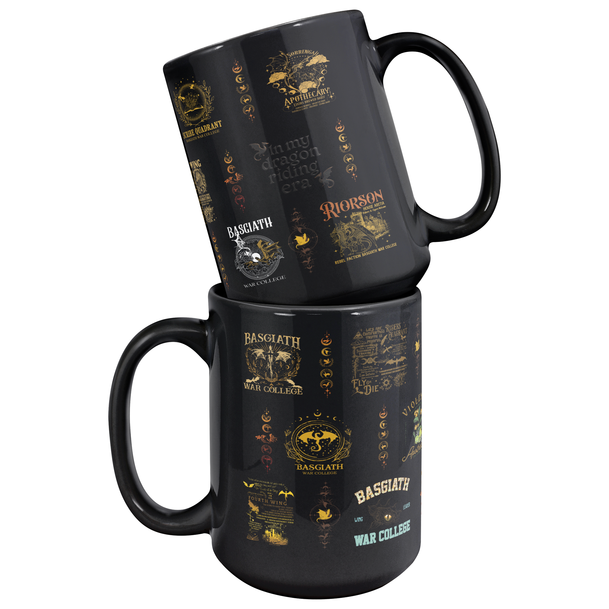 dragon rider coffee mug under 30 dollars, handmade romantasy bookish mug, fantasy fandom drinkware for readers, glossy black ceramic mug for fantasy lovers, aesthetic desk mug for bookworms