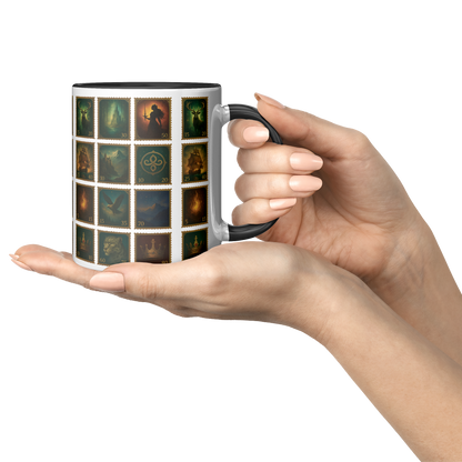 Throne of Glass themed coffee mug with stamp style fantasy art, book nook coffee mug inspired by Throne of Glass, Throne of Glass fantasy reader mug with collage artwork