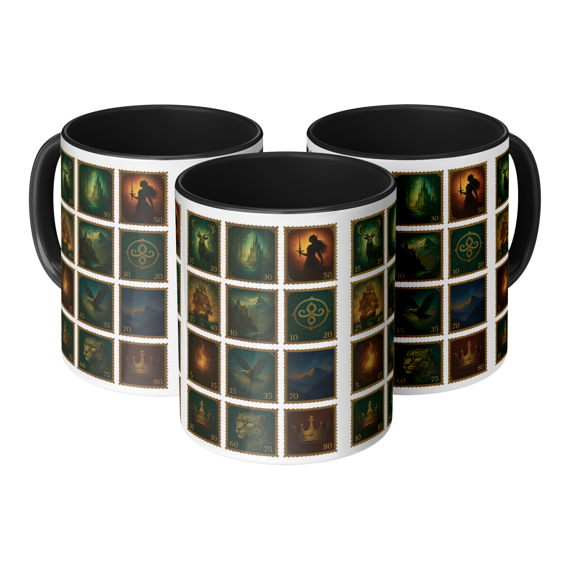 Throne of Glass bookish mug with vintage fantasy stamp artwork, fantasy coffee mug inspired by Throne of Glass for reading nooks, Throne of Glass aesthetic coffee mug with collage style fantasy art