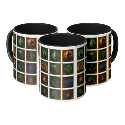 Throne of Glass bookish mug with vintage fantasy stamp artwork, fantasy coffee mug inspired by Throne of Glass for reading nooks, Throne of Glass aesthetic coffee mug with collage style fantasy art
