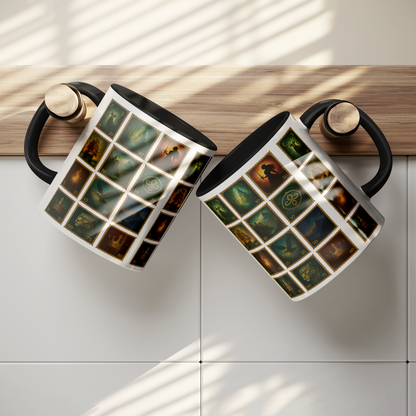 fantasy stamp collage coffee mug inspired by Throne of Glass with green and gold artwork, Throne of Glass bookish coffee mug with fantasy stamp collage design