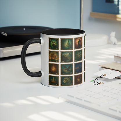 Throne of Glass aesthetic mug for home office desk, fantasy stamp style mug inspired by Throne of Glass books, Throne of Glass book lover coffee mug with colorful collage design