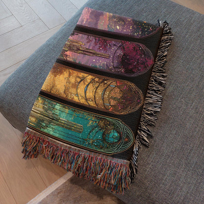 cozy fantasy cityscape blanket for sofa, storybook city panel woven blanket for home decor, fantasy inspired woven throw for living room