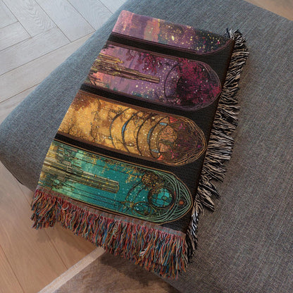 panel design woven blanket with magical city artwork, bookish home decor blanket with scenic city panels, fantasy city realm throw blanket with textured weave