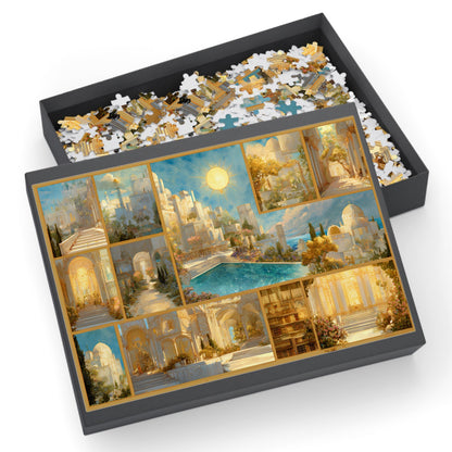 fantasy sunlit kingdom puzzle with golden marble city,
sunlit fantasy jigsaw puzzle box with luminous artwork,
cozy home art puzzle featuring radiant golden realm
