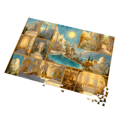 mindful art puzzle with ethereal golden landscape,
magical city fantasy puzzle under a bright sun,
gold and blue aesthetic puzzle for cozy home decor,