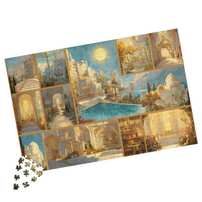 collectible fantasy jigsaw puzzle for book lovers,
sunlit realm puzzle with shimmering palace design,
luxury fantasy city puzzle with marble spires and light