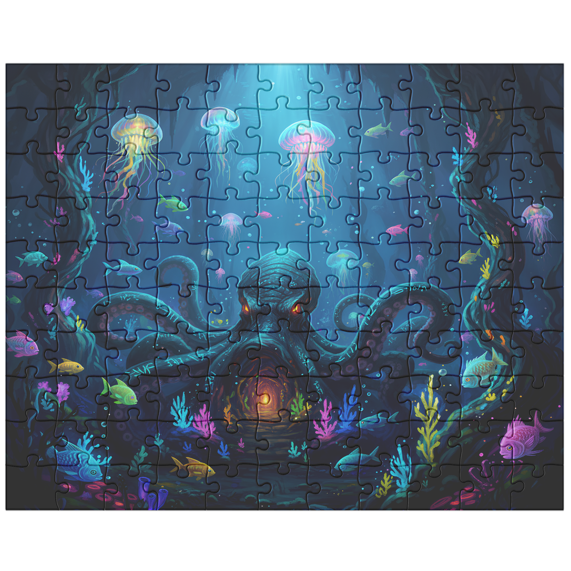 octopus and jellyfish art puzzle, magical marine life jigsaw