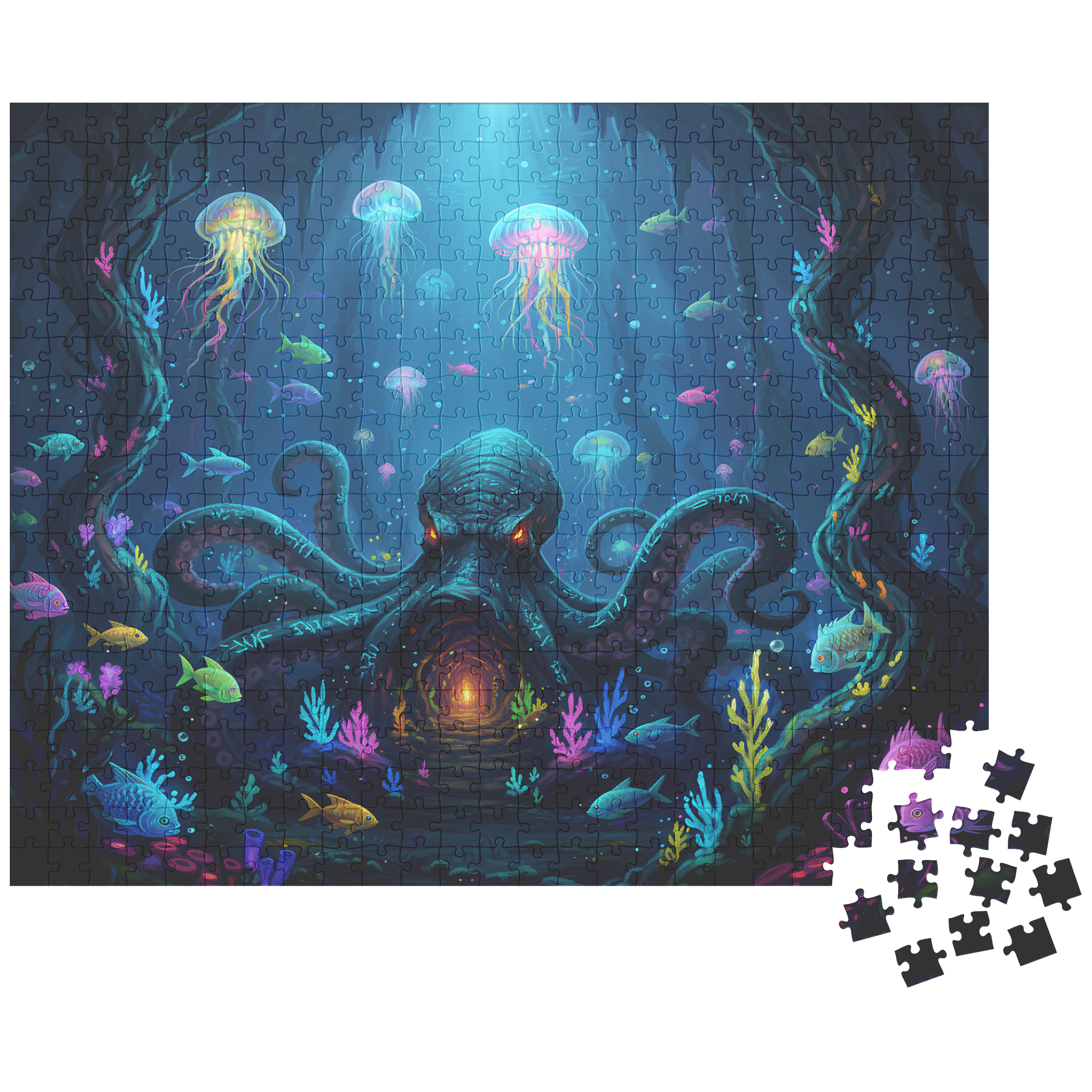 enchanted abyss octopus artwork, jellyfish glowing underwater puzzle
