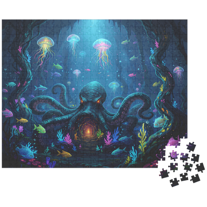 enchanted abyss octopus artwork, jellyfish glowing underwater puzzle
