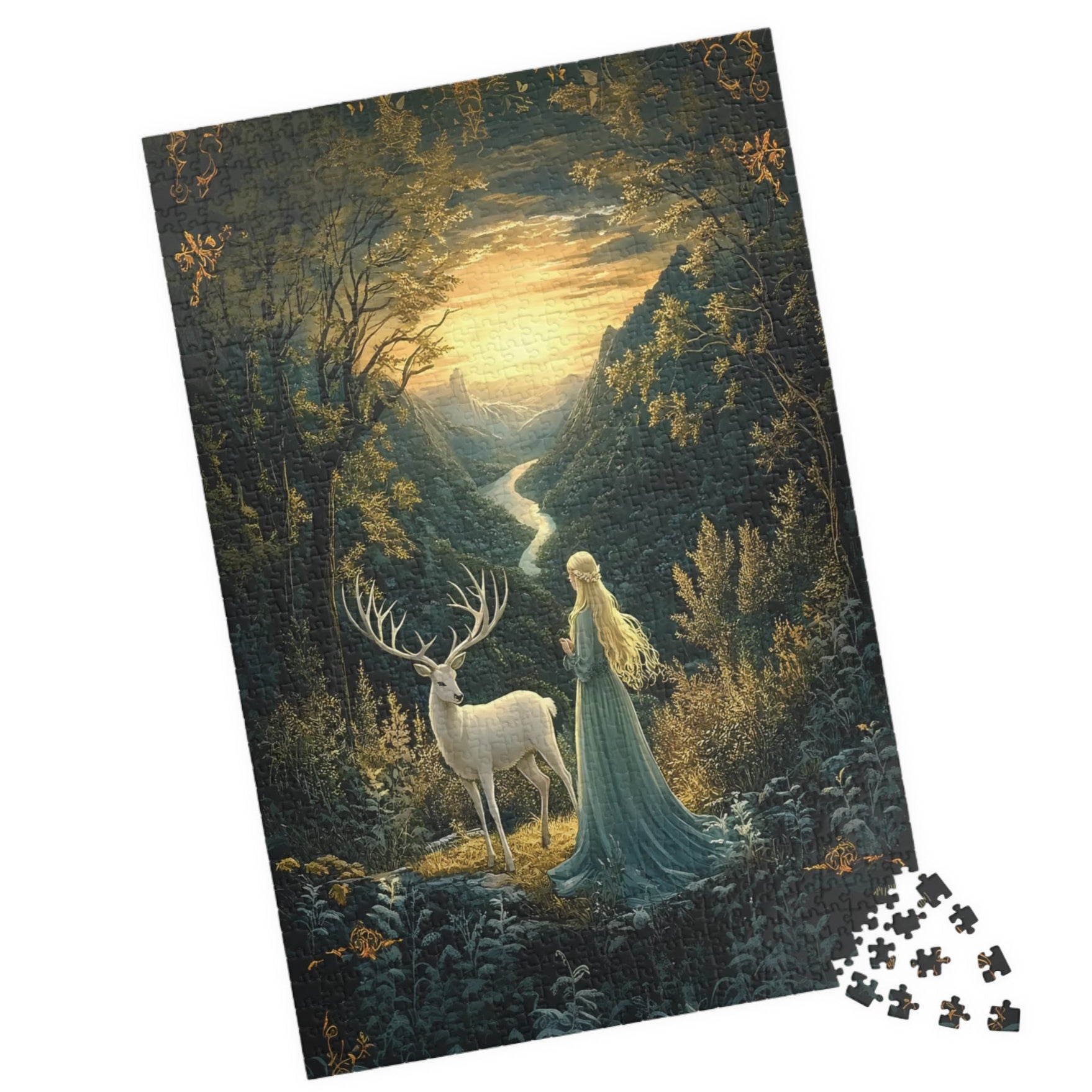 Mystical Fantasy Forest Jigsaw Puzzle with Woman & Stag | Fairytale Scenic Art Gift for Adults, Relaxing Mindful Hobby