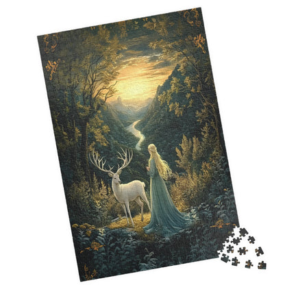 Mystical Fantasy Forest Jigsaw Puzzle with Woman & Stag | Fairytale Scenic Art Gift for Adults, Relaxing Mindful Hobby
