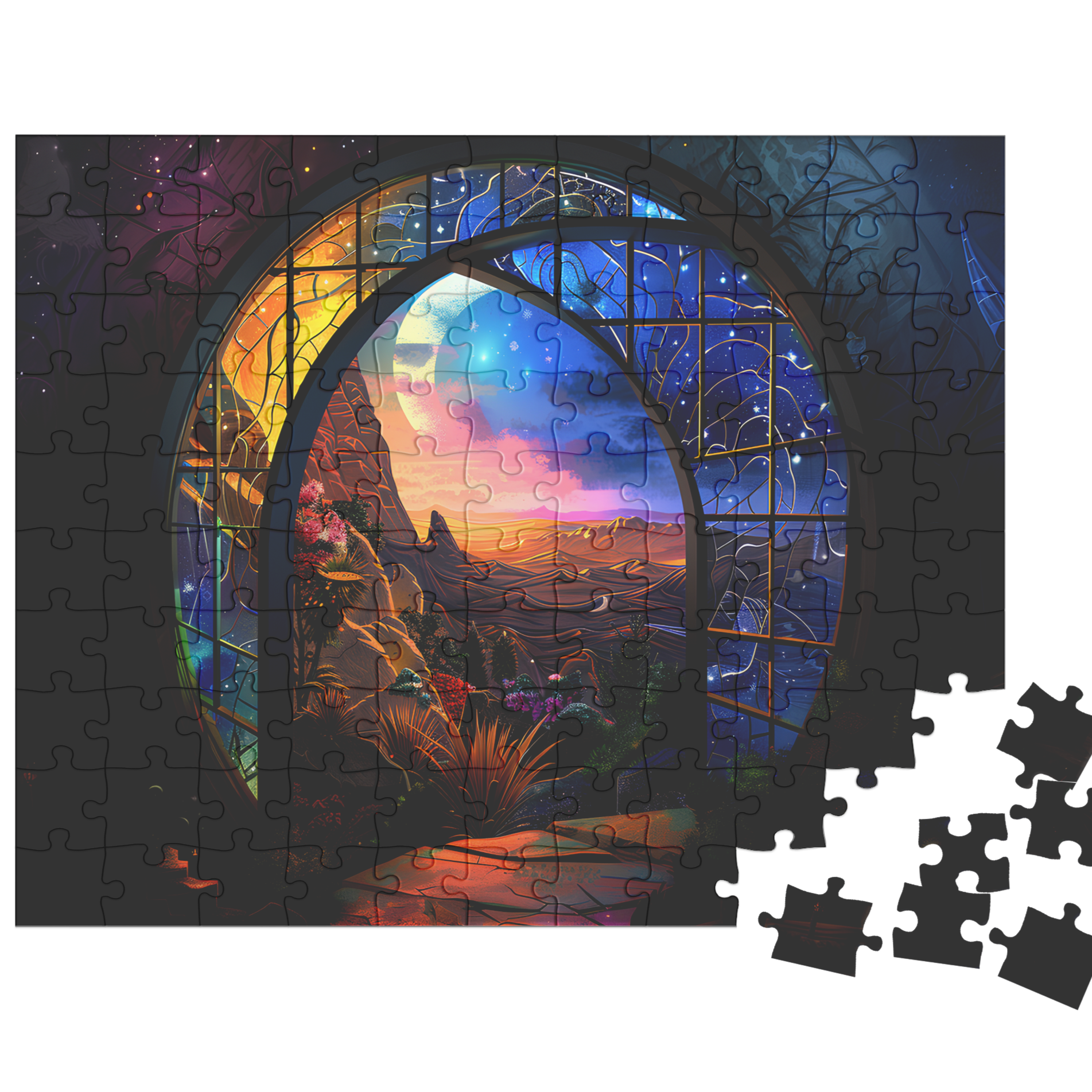 fantasy jigsaw puzzle with stained glass design in box