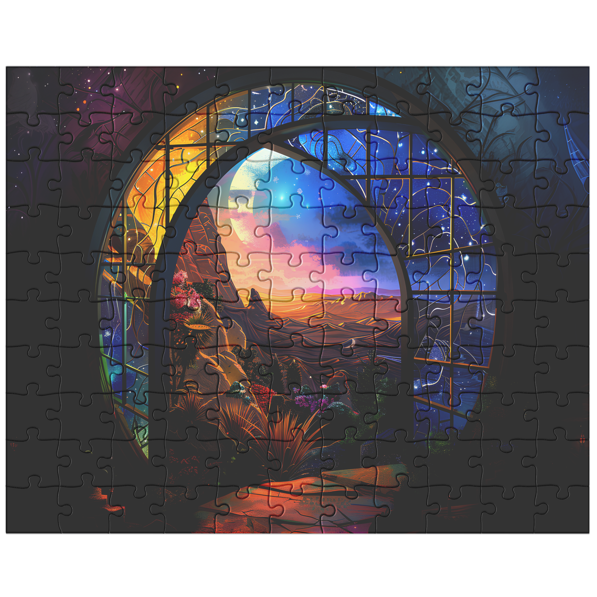 cosmic portal wall art puzzle flat lay with bright colors