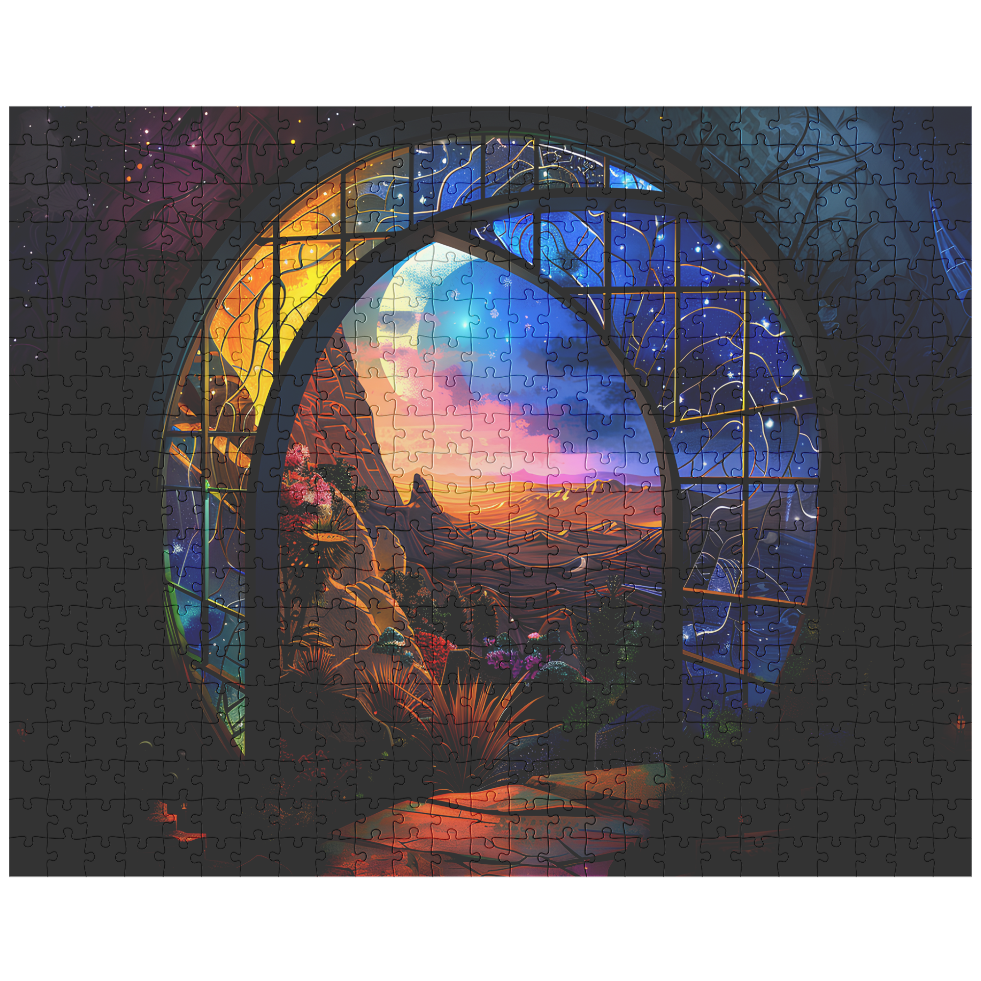 stained glass surreal cosmic puzzle for cozy home décor