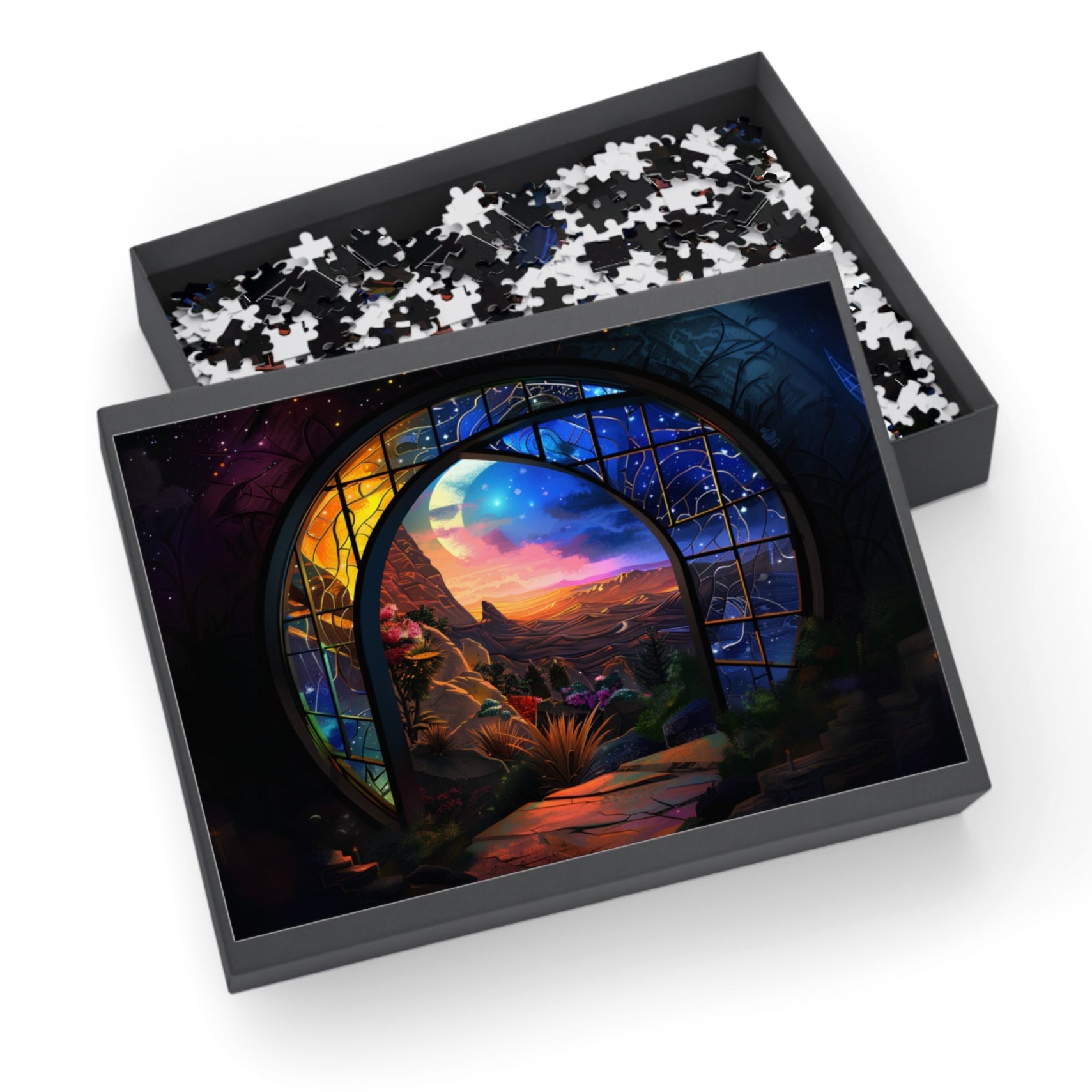 fantasy stained glass puzzle for book lovers on coffee table