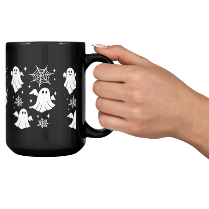 Gothic black coffee mug with spiderweb design, ideal for witchy fall home décor.