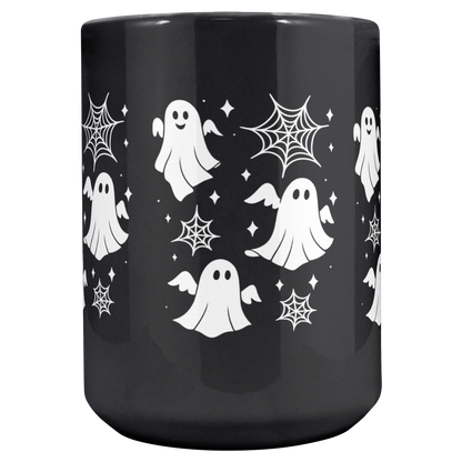 Cozy Halloween mug for pumpkin spice lattes, gothic black ceramic drinkware.