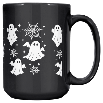 Cute black Halloween ghost mug with spiderweb design, perfect spooky season coffee cup.