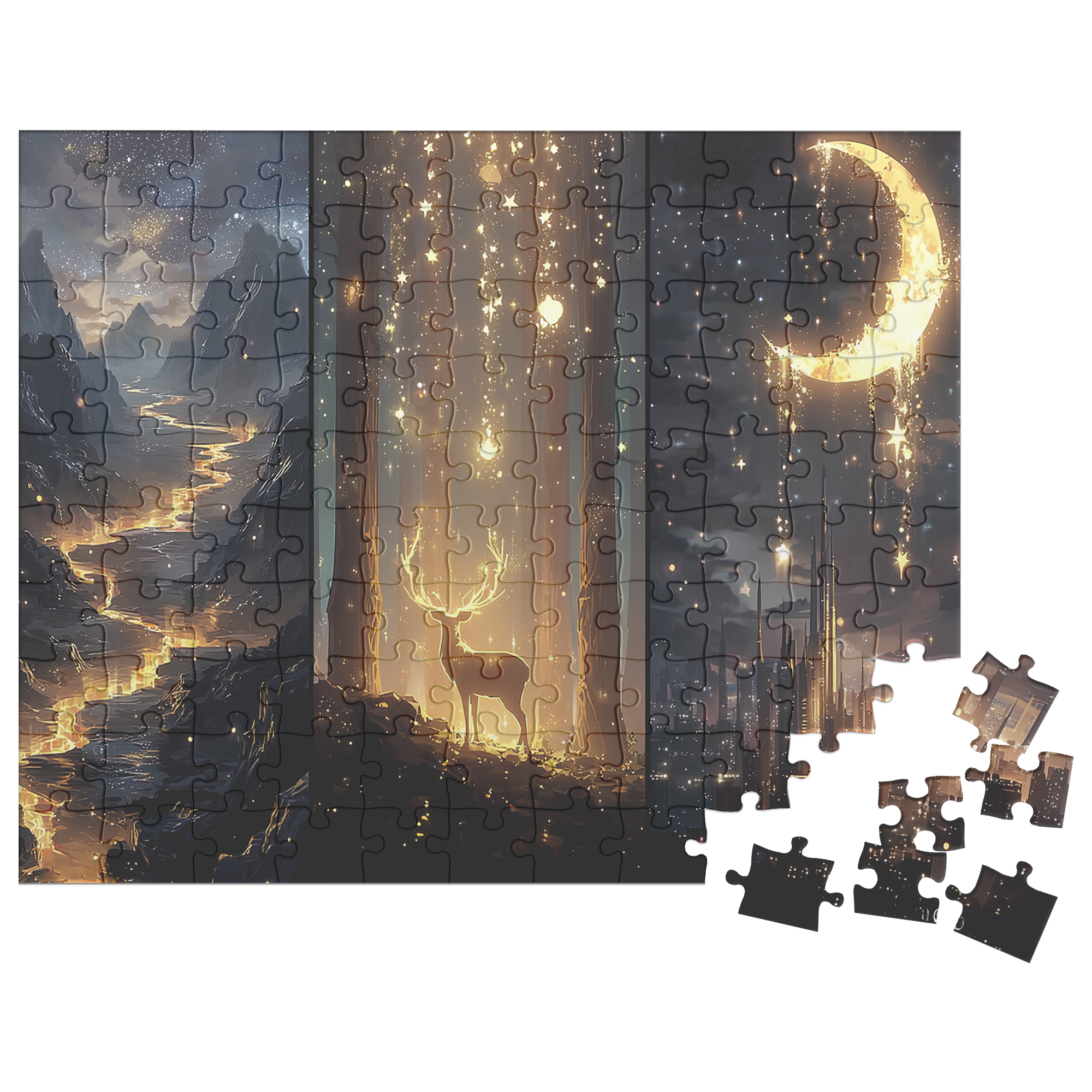 Velaris city of starlight inspired puzzle with glowing crescent moon and skyline for ACOTAR and Crescent City fans.