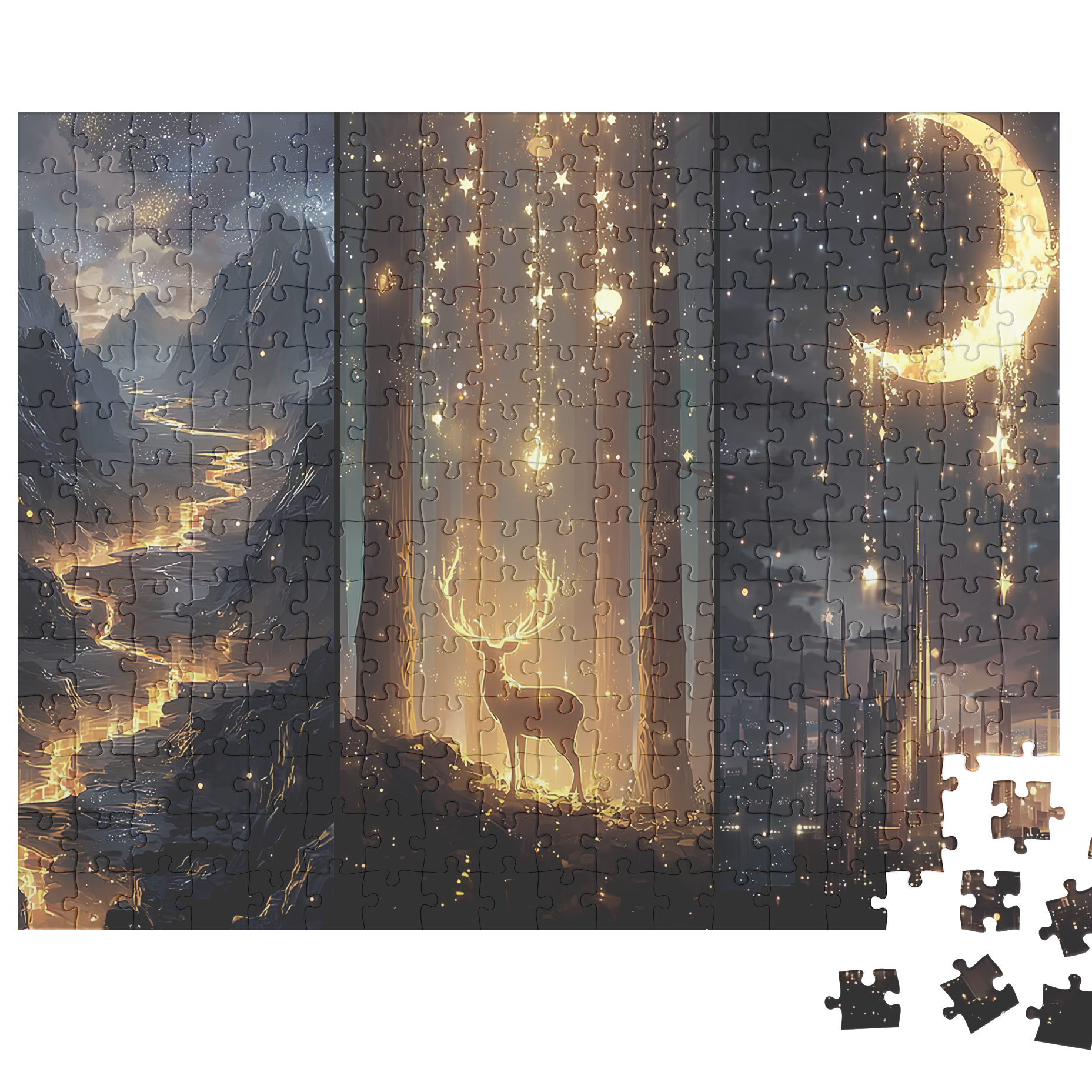 Maasverse inspired puzzle art with Terrasen forests, Velaris night sky, and Lunathion city lights.