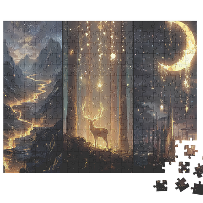 Maasverse inspired puzzle art with Terrasen forests, Velaris night sky, and Lunathion city lights.