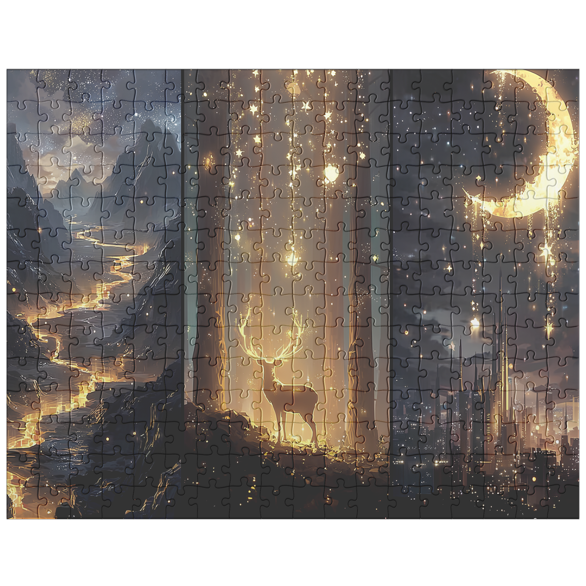Crescent City Lunathion skyline puzzle with fantasy night sky and moonlit cityscape.