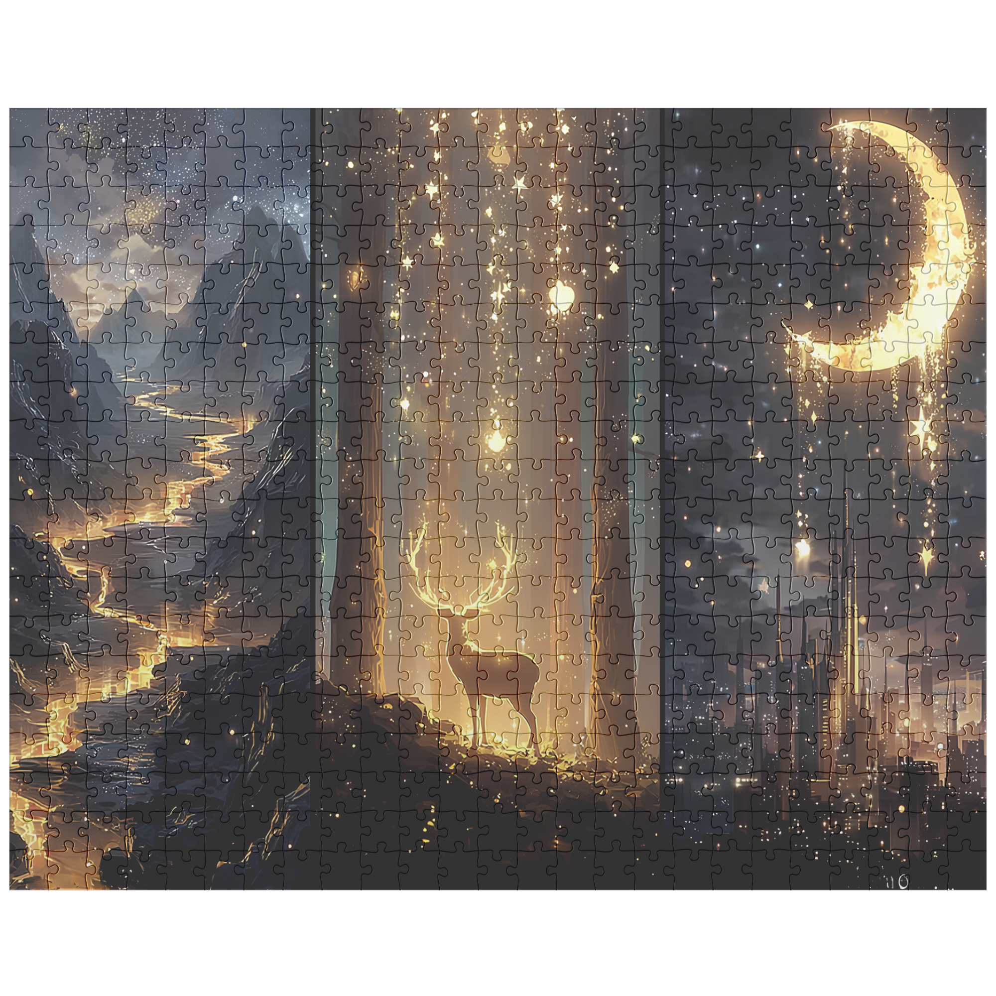 Romantasy jigsaw puzzle for ACOTAR fans featuring enchanted stag under starlit sky.