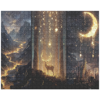 Romantasy jigsaw puzzle for ACOTAR fans featuring enchanted stag under starlit sky.