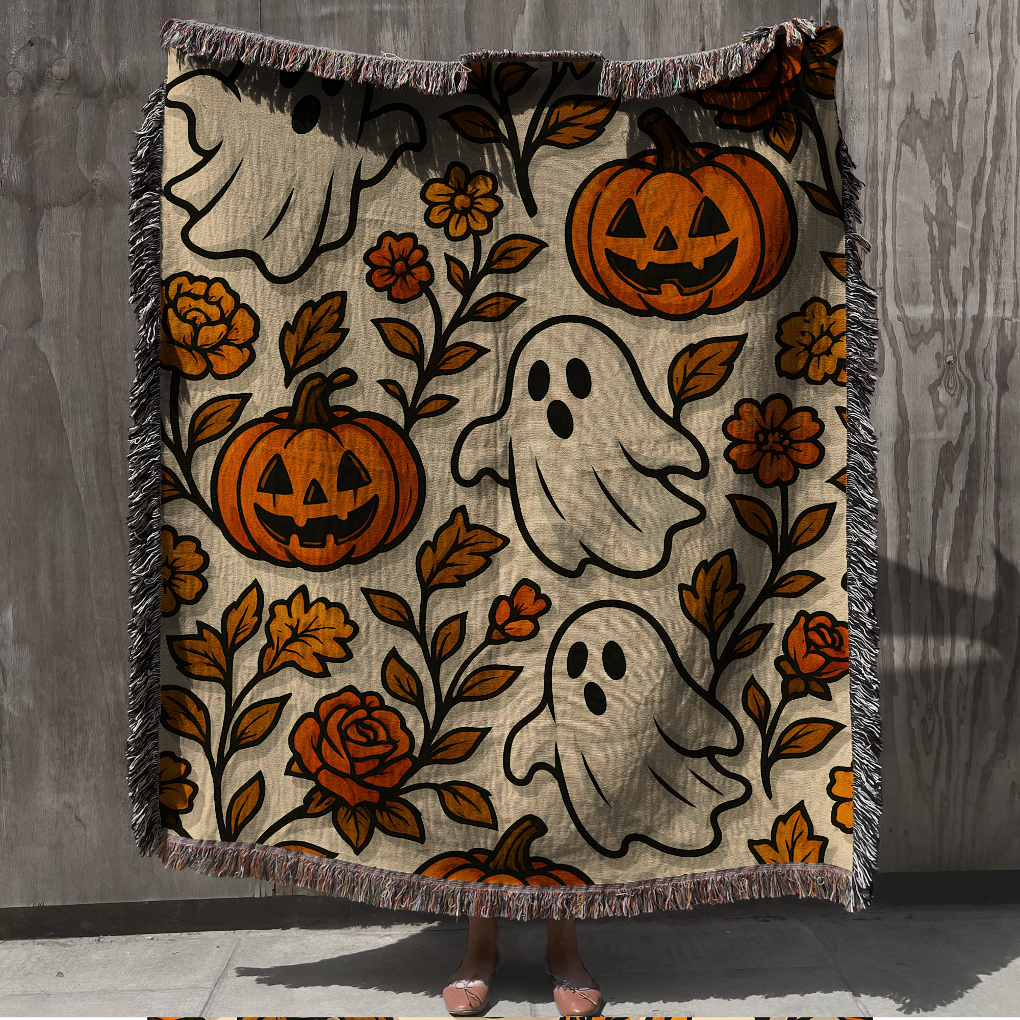 Halloween Woven Blanket with Ghosts & Pumpkins Cozy Autumn Fall Throw for Spooky Cottagecore Decor