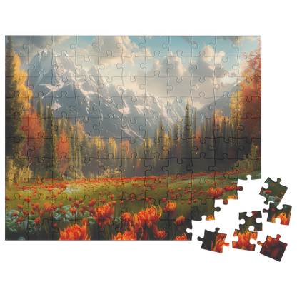 autumn meadow art puzzle for cozy home nights, relaxing mountain scene puzzle with forest and flowers