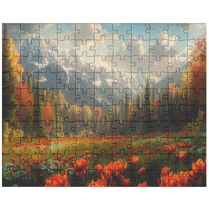 mountain puzzle with vibrant autumn forest and clear blue sky, tranquil jigsaw puzzle of meadow flowers and snowcapped peaks