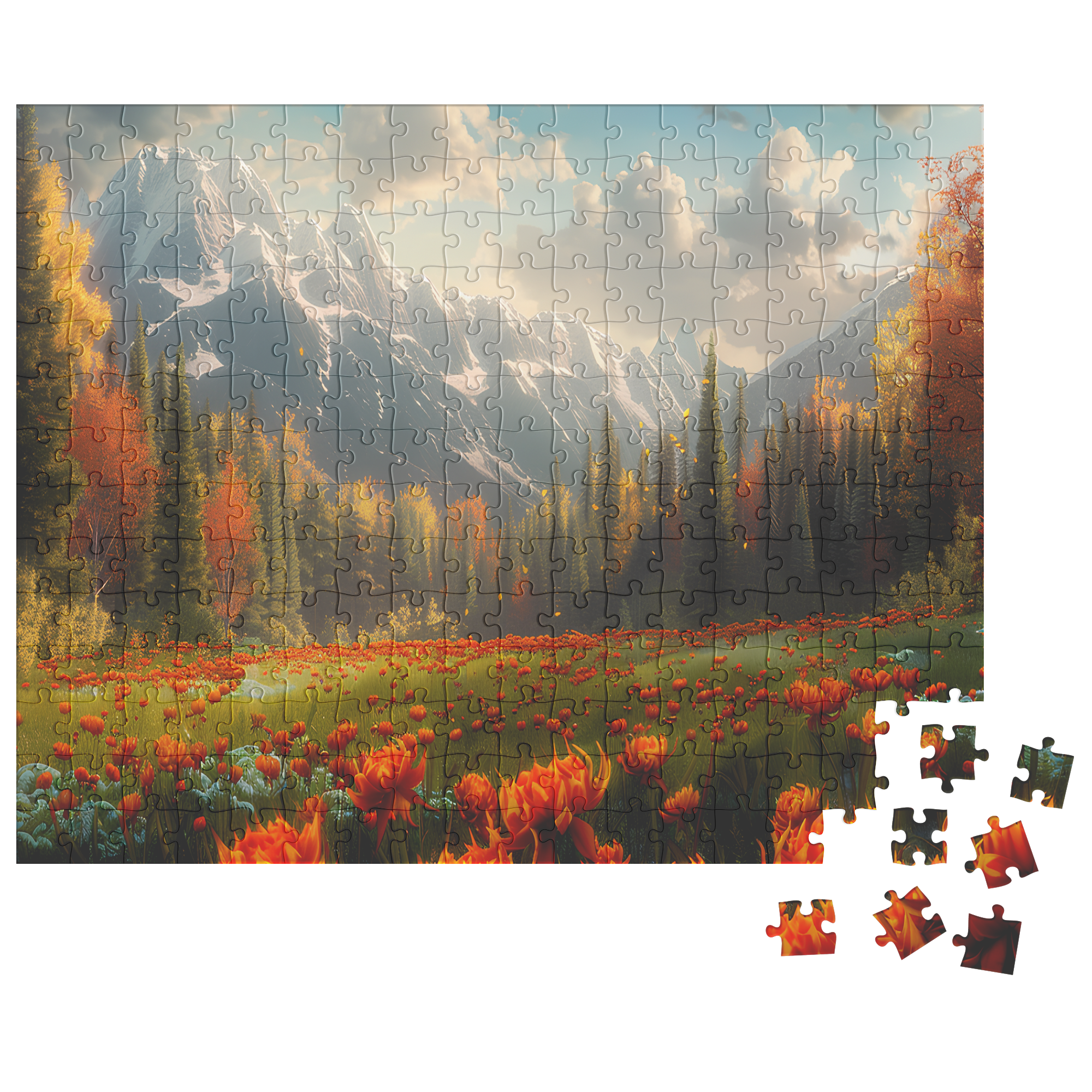 mountain flower puzzle with painterly orange and green tones, fall mountain puzzle for home office or living room décor