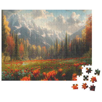 mountain flower puzzle with painterly orange and green tones, fall mountain puzzle for home office or living room décor